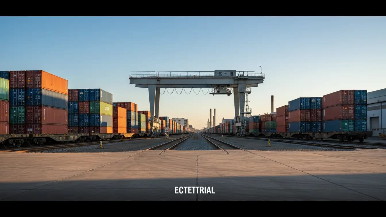 Toàn cảnh một ga đường sắt lớn với nhiều container xếp chồng trên tàu và dưới cần cẩu, thể hiện sự phức tạp của logistics.