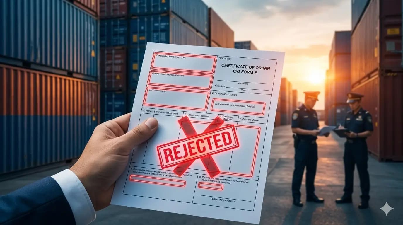 Một bàn tay cầm giấy chứng nhận xuất xứ bị từ chối, phía sau là công ten nơ và hai nhân viên hải quan.