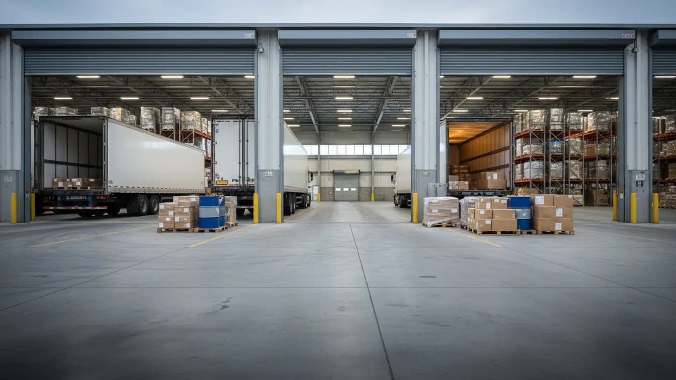 Quang cảnh bến bãi xếp dỡ hàng hóa với các kiện hàng, thùng phuy trên pallet, xe tải và cửa cuốn mở rộng.
