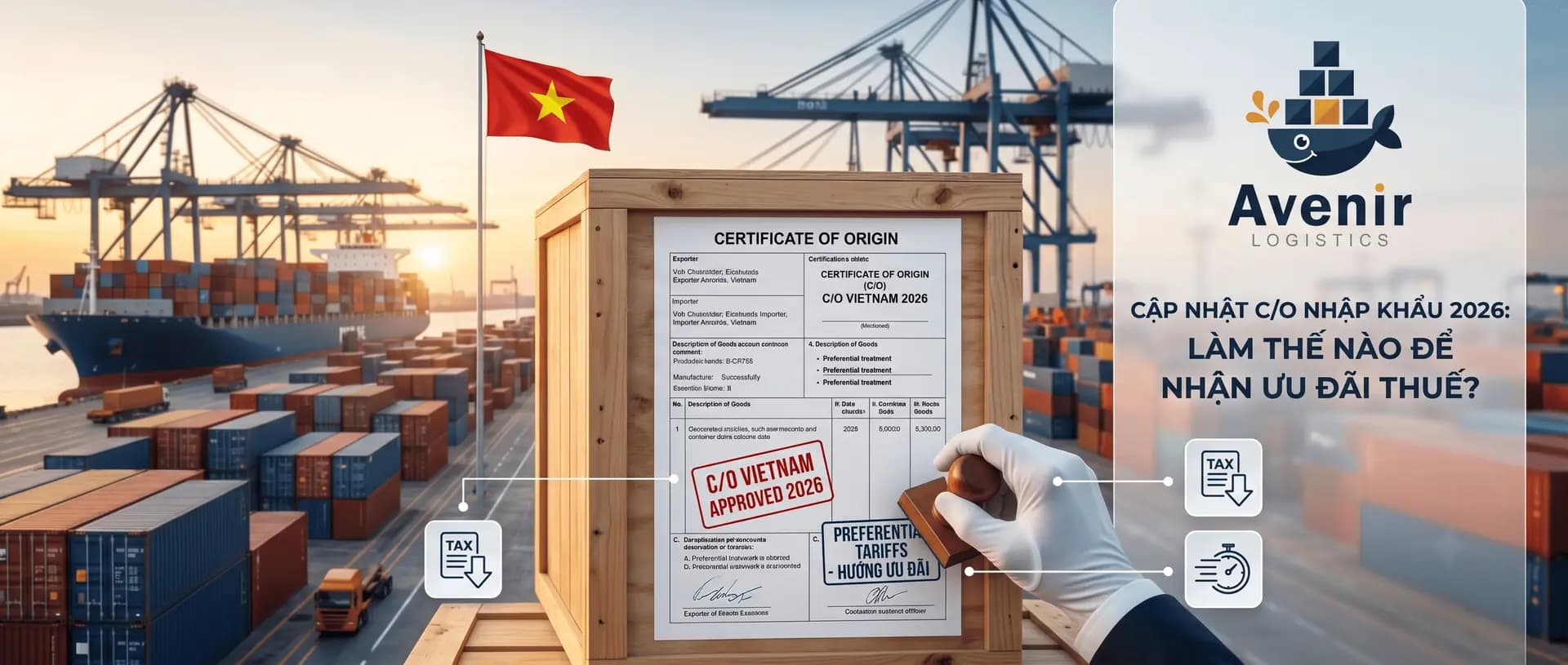 Tàu container tại cảng với nhiều thùng hàng, cờ Việt Nam bay, tay đóng dấu lên giấy chứng nhận xuất xứ trên thùng gỗ.