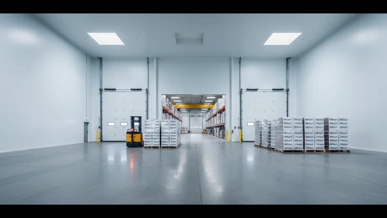 Cảnh phòng chờ kho lạnh rộng lớn với các pallet hải sản đông lạnh đã đóng gói, sẵn sàng cho thủ tục xuất nhập khẩu.