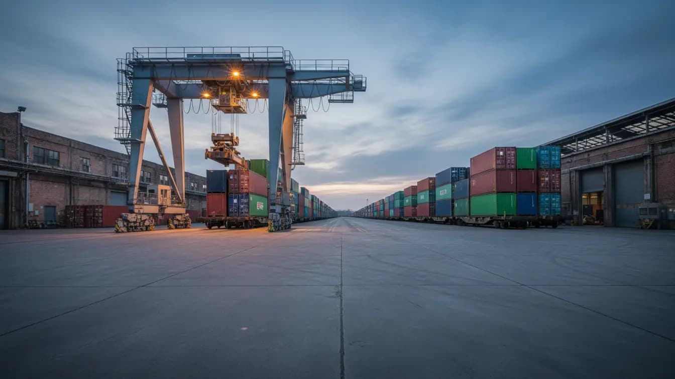Một góc sân ga vận chuyển hàng hóa với nhiều container xếp chồng, bên dưới cần cẩu lớn, gợi liên tưởng về thương mại quốc tế.