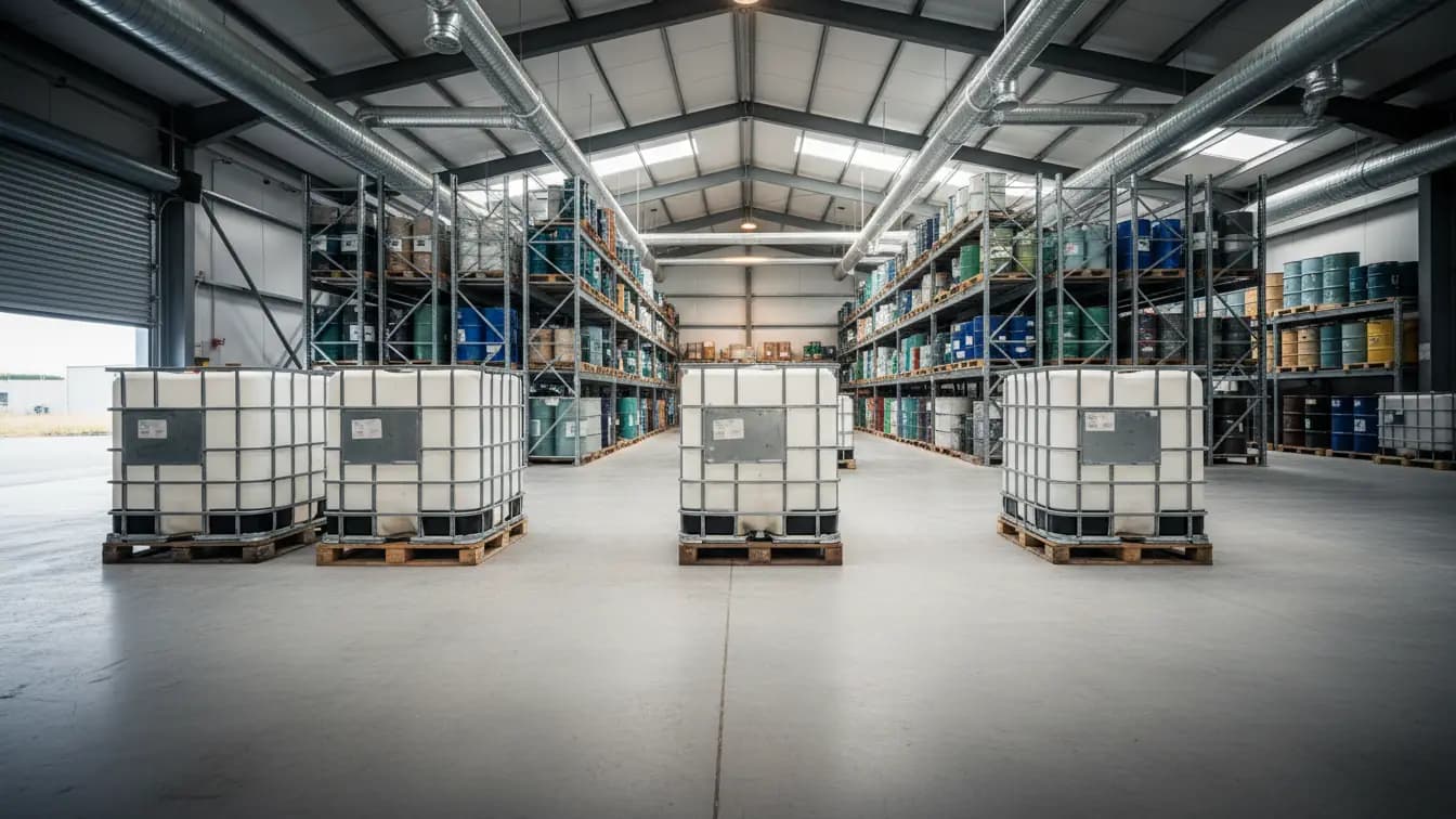 Kho chứa hóa chất với thùng phuy và bồn IBC trên kệ, ống thông gió chạy phía trên.
