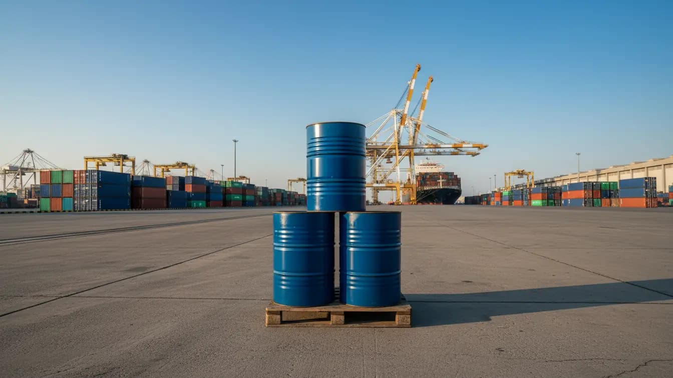 Những thùng phuy công nghiệp trên pallet tại cảng container, phía sau là cần cẩu và tàu hàng dưới bầu trời.