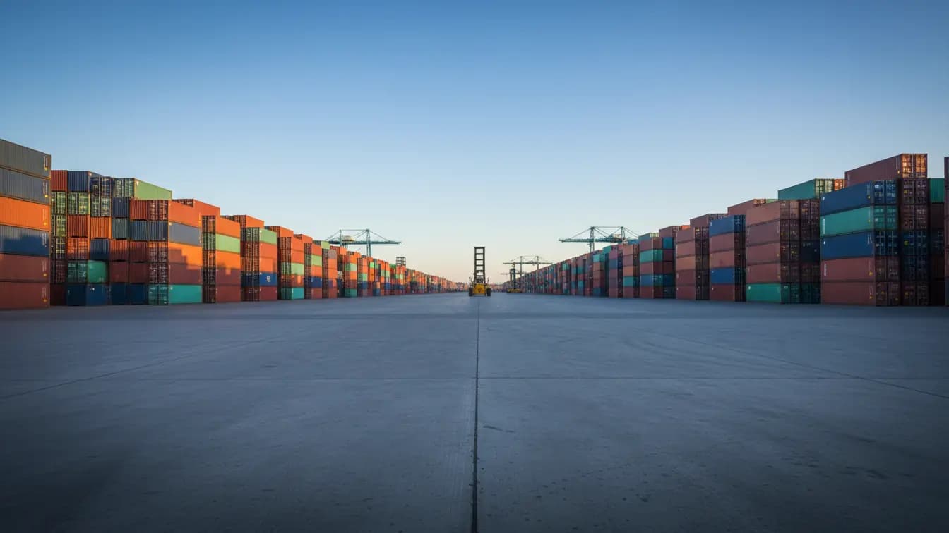 Sân container rộng lớn với những chồng container đủ màu sắc trải dài, có xe nâng hàng từ xa.