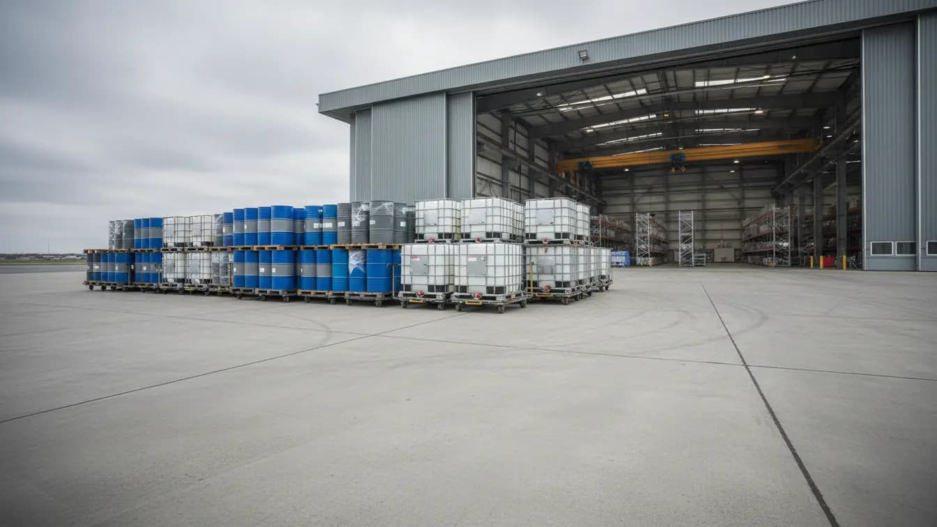 Nhiều thùng phuy công nghiệp và IBC xếp trên pallet, dolly tại sân bay, cửa nhà chứa máy bay mở rộng phía sau.