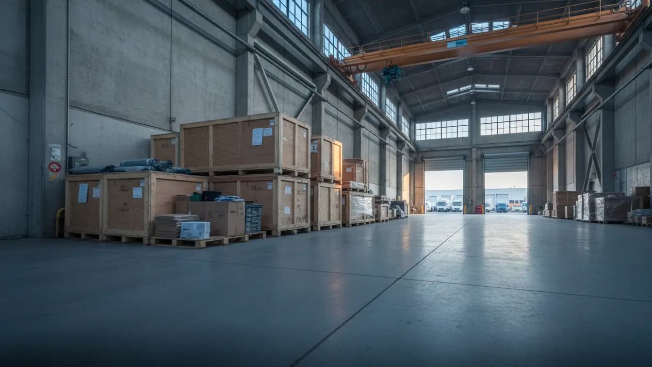 Hàng hóa trong các kiện gỗ và thùng carton mở đang được kiểm tra nghiêm ngặt tại sảnh hải quan lớn.