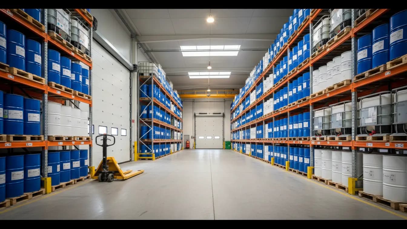 Kho hóa chất lạnh với các thùng phuy được xếp gọn gàng trên kệ, có xe nâng và cửa cách nhiệt.