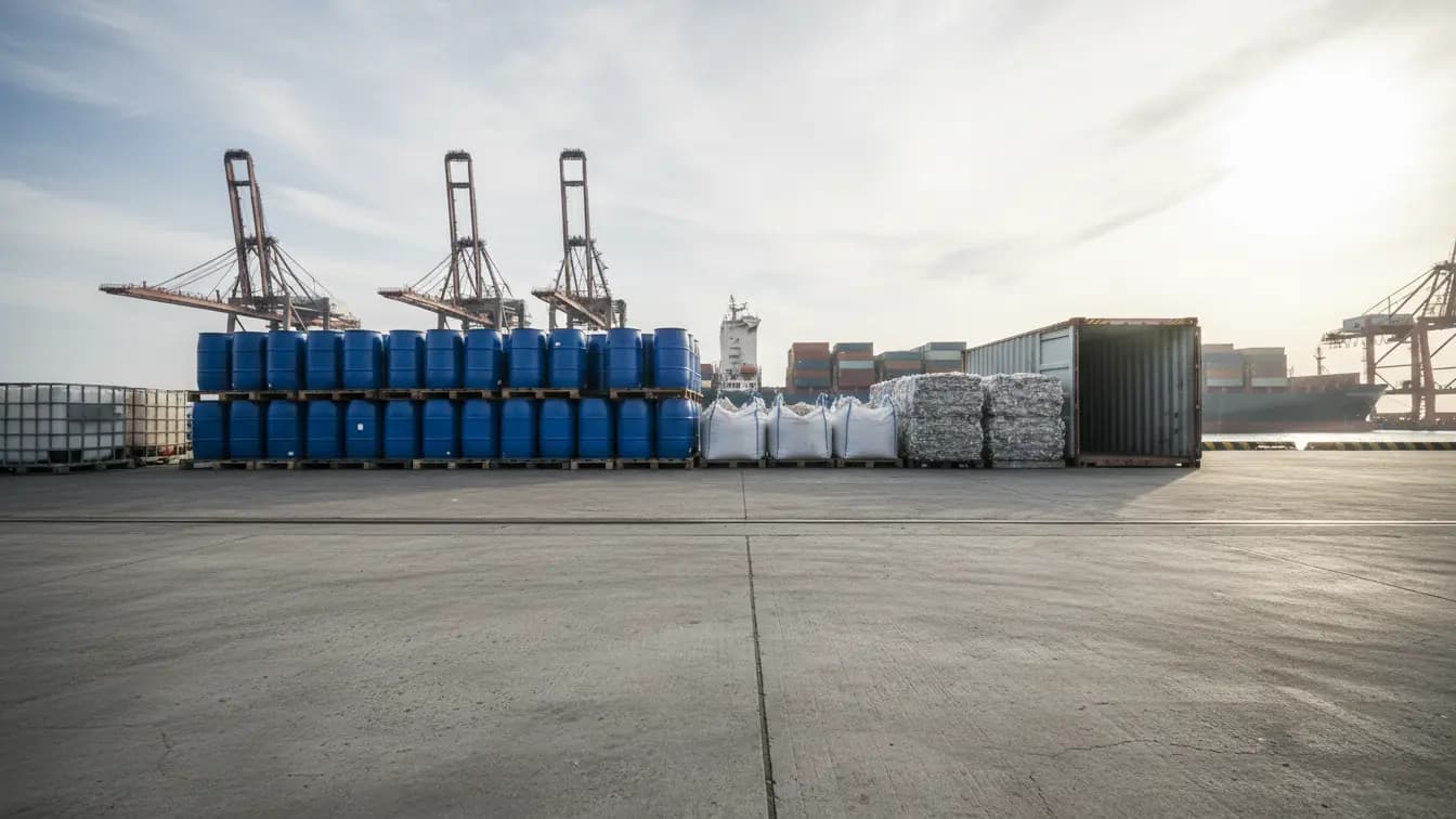Các thùng phuy, bao jumbo hạt nhựa và kiện phế liệu nhựa trên cầu cảng, cùng cần cẩu và tàu container dưới trời xanh.