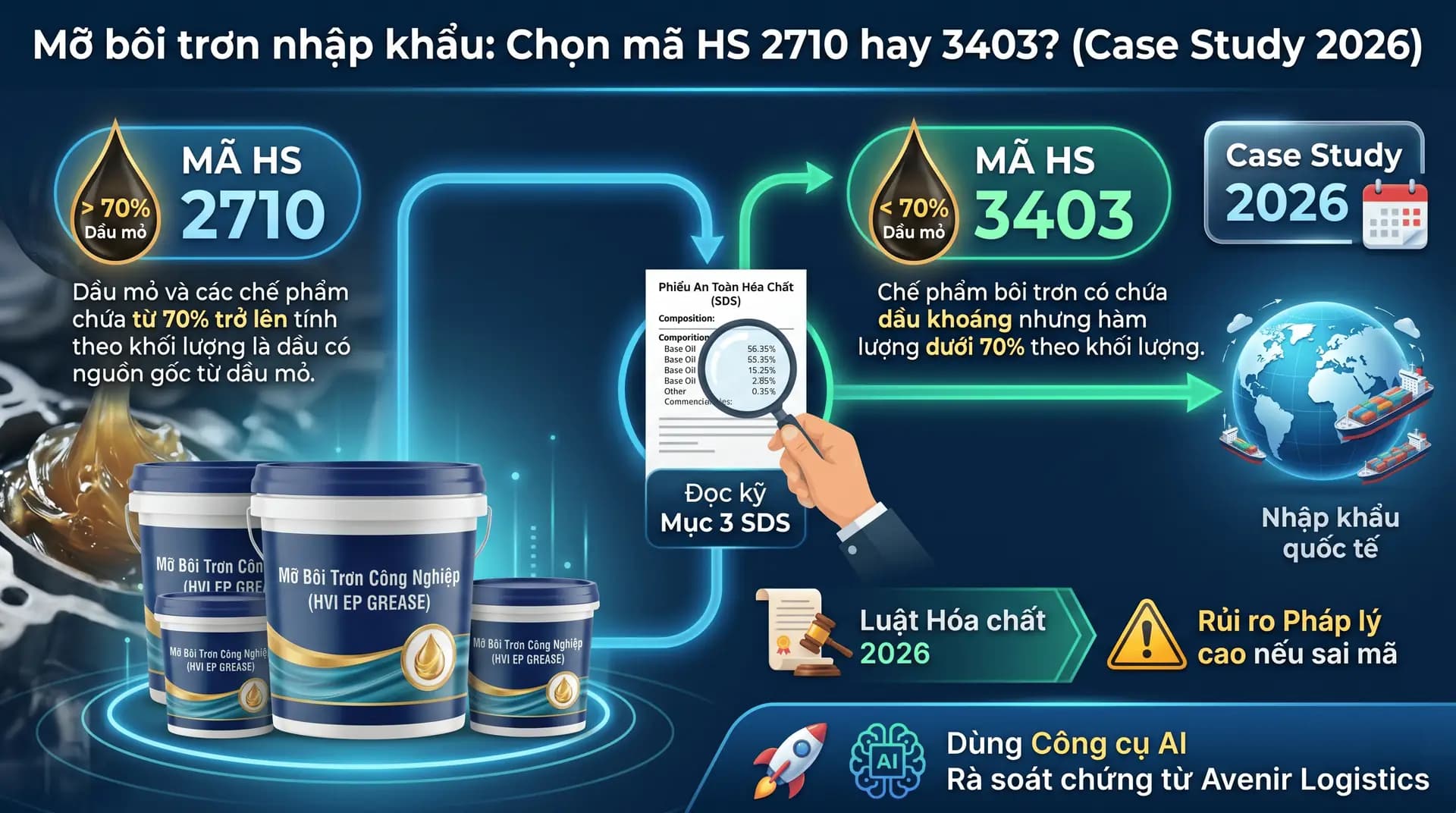 Sơ đồ so sánh mỡ bôi trơn nhập khẩu, hiển thị thùng sản phẩm, tài liệu kiểm định, bản đồ thế giới và biểu tượng pháp lý.