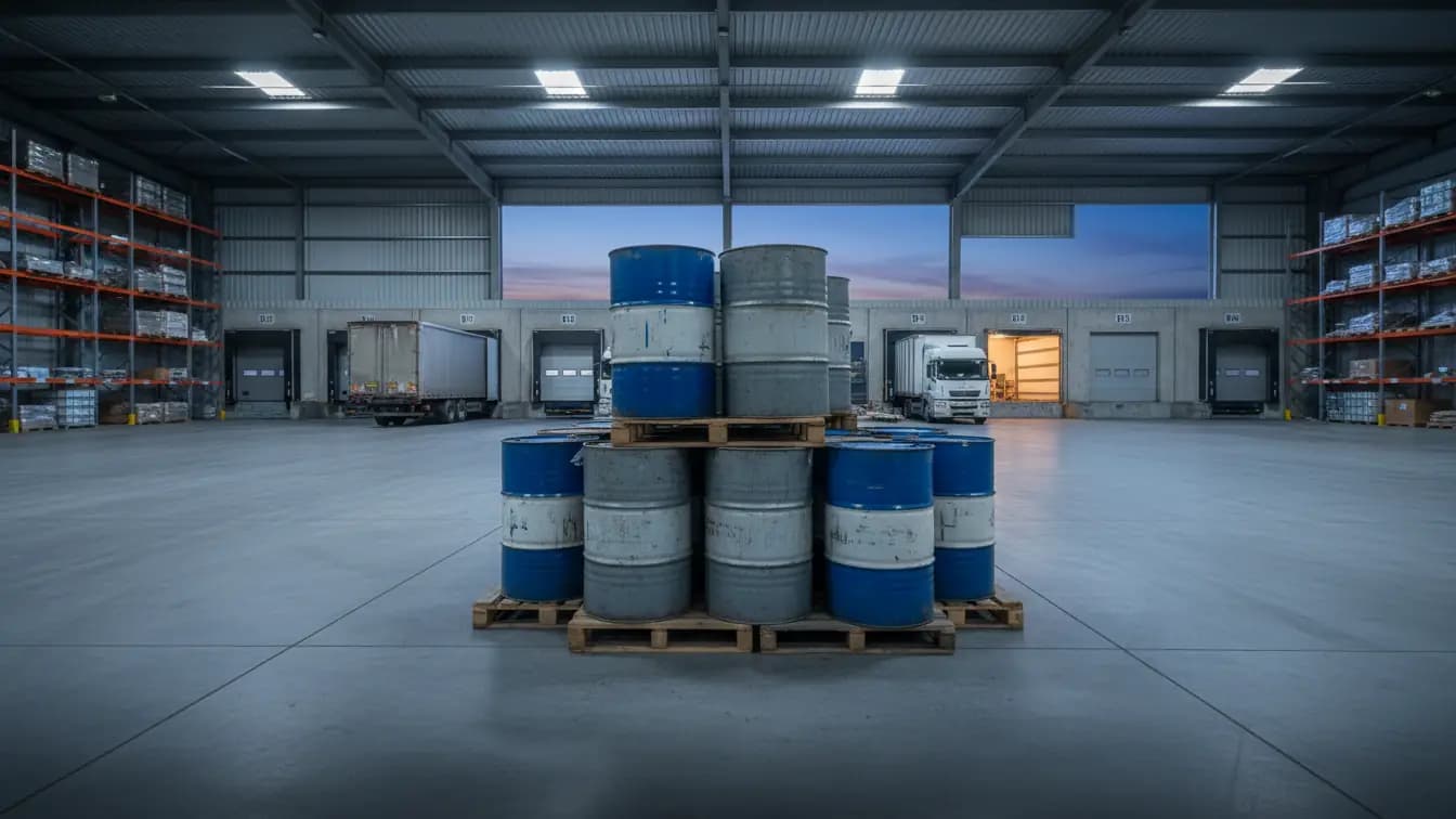 Các thùng hóa chất lớn đặt trên pallet tại bến xe bốc dỡ hàng của kho logistics hiện đại, với xe tải đang chờ.