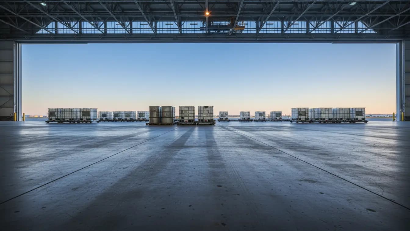 Sân bay hàng hóa với các thùng phuy hóa chất và container ULD trên xe đẩy, cửa nhà chứa máy bay mở rộng ra bầu trời.