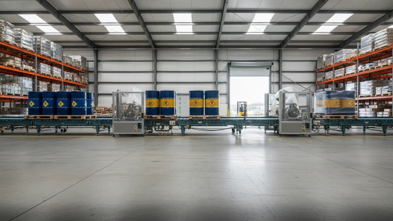 Các thùng hóa chất xử lý nước công nghiệp như clo, xút đang được đóng gói trên dây chuyền vận chuyển trong nhà kho rộng lớn.