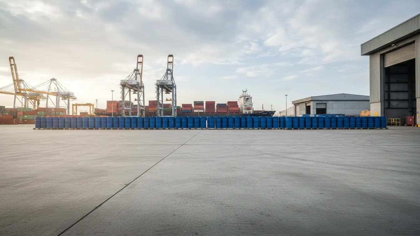 Trên cầu cảng sầm uất, các thùng phuy hóa chất màu xanh xếp hàng trên pallet, phía sau là cần cẩu và tàu hàng lớn.