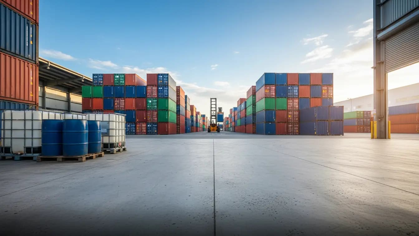 Các thùng phuy và IBC chứa hóa chất công nghiệp xếp trên pallet tại một bãi container, với xe nâng hàng ở xa.