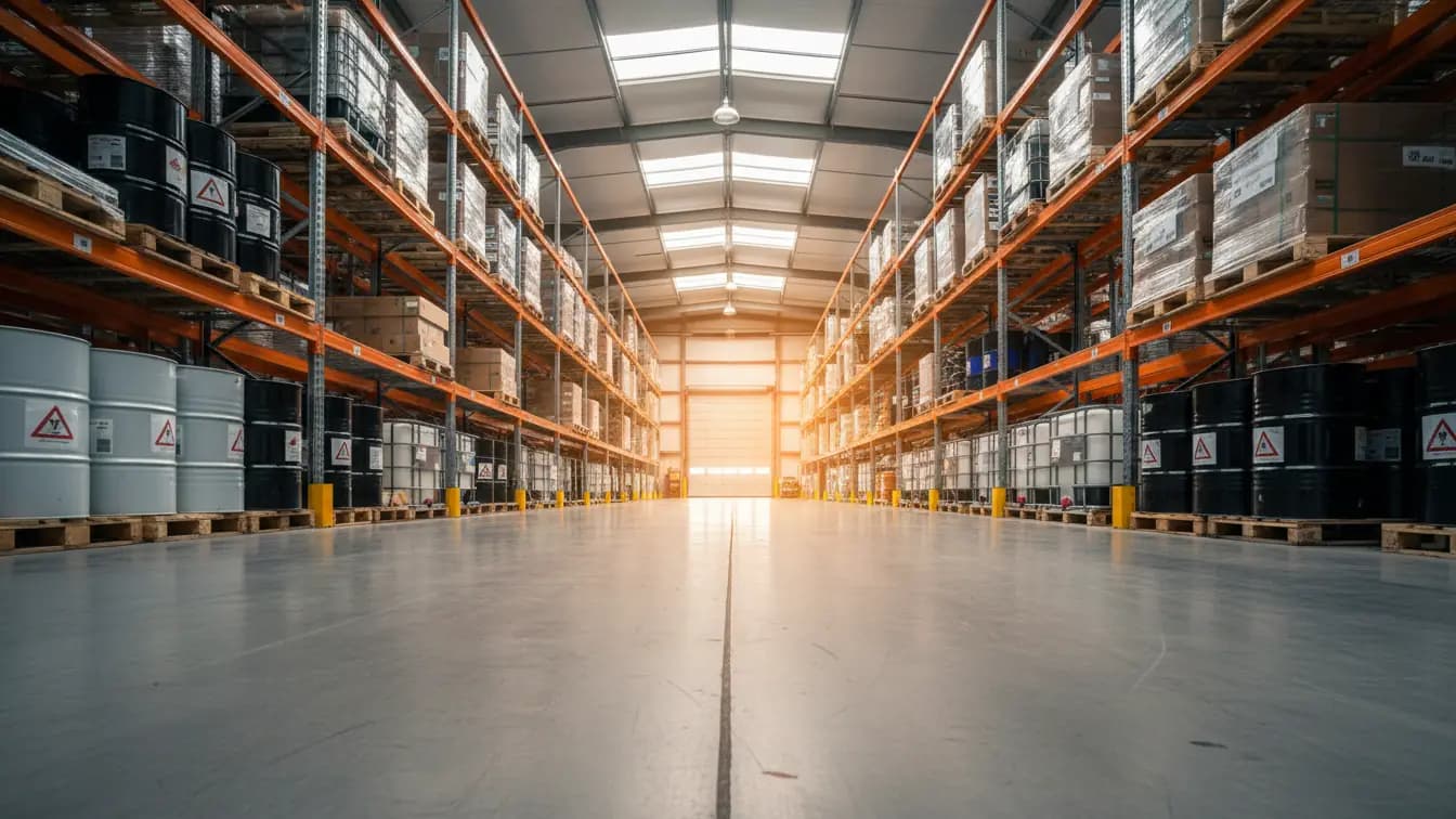 Dãy nhà kho cao tầng với các thùng phuy công nghiệp và thùng carton chứa hóa chất, mực in xếp trên pallet.