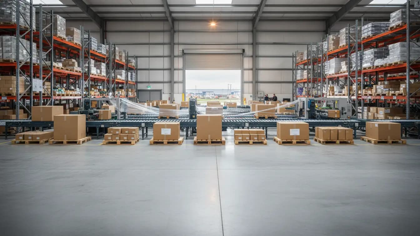 Một góc rộng nhà kho logistics hiện đại, sáng sủa với dây chuyền đóng gói, dán nhãn các thùng carton trên băng tải.