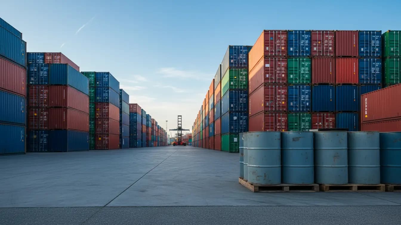 Bãi container hun hút, phía trước là thùng phuy hóa chất công nghiệp xếp trên pallet.