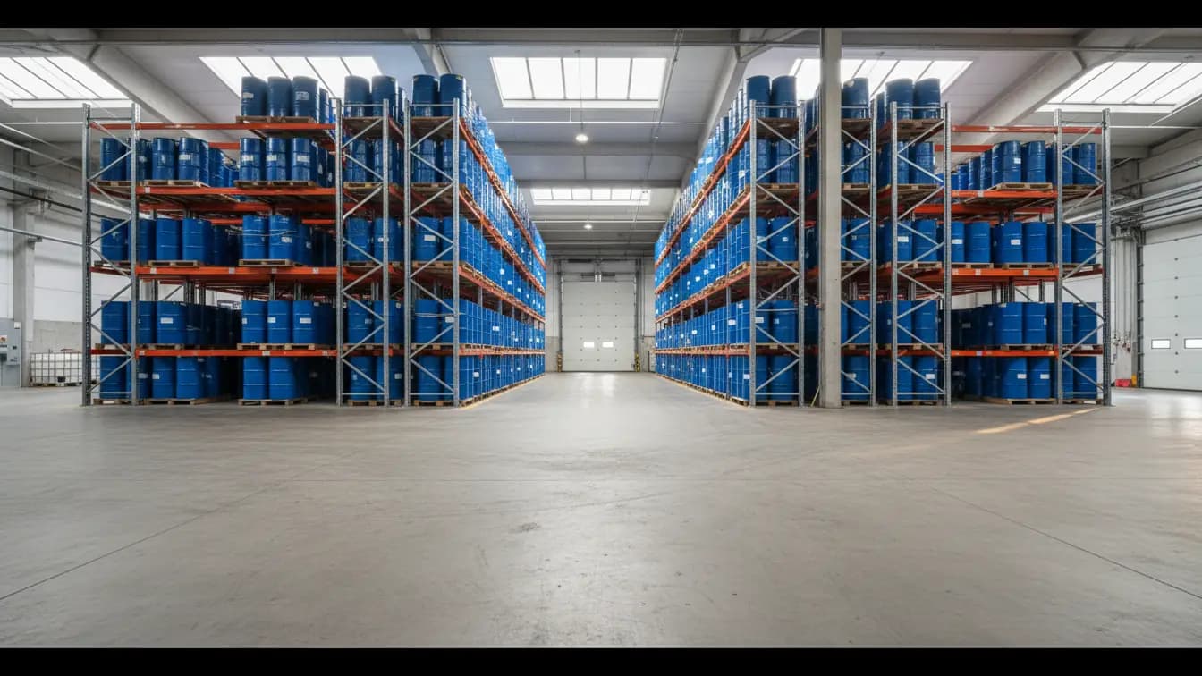 Các thùng hóa chất màu xanh trên pallet được xếp cao trên kệ trong nhà kho lớn, có ánh sáng tự nhiên từ mái.