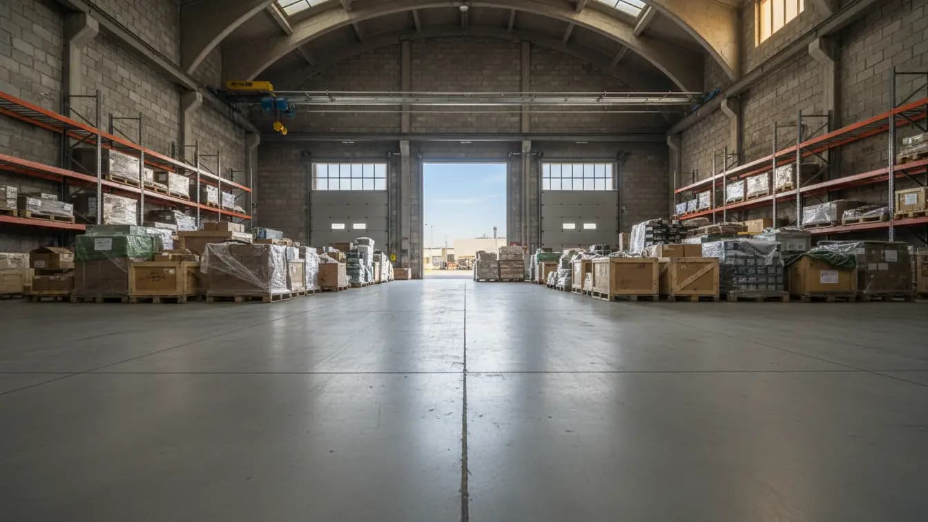 Hội trường kiểm hóa rộng lớn, nhiều pallet hàng hóa đa dạng đang chờ kiểm tra, cửa nhà kho mở rộng nhìn ra sân.