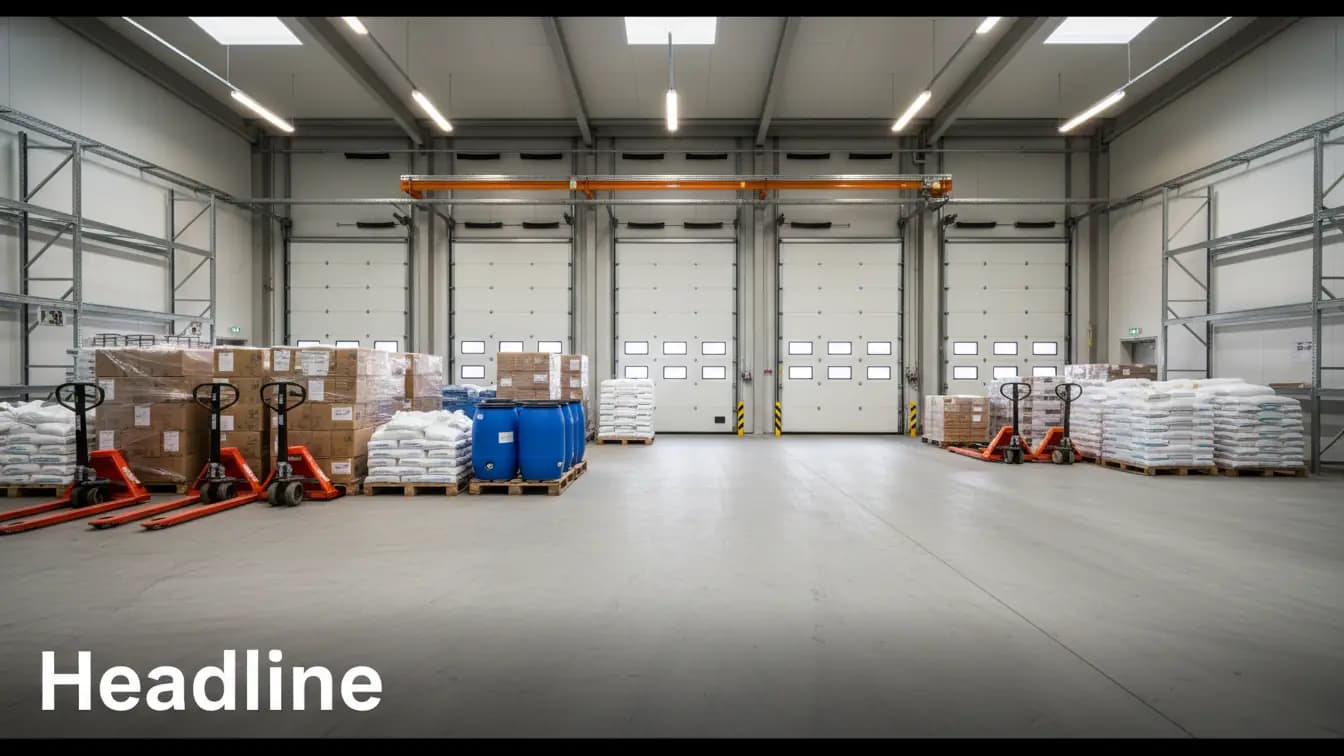 Hàng hóa đa dạng trên pallet trong kho lạnh tiền sảnh, có cửa cách nhiệt và xe nâng.