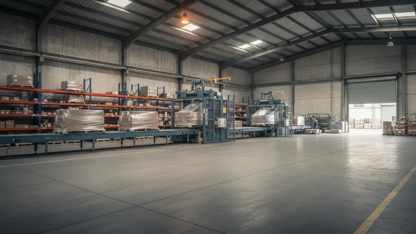Các thùng hàng được đóng gói trên pallet di chuyển trên băng chuyền trong kho, với máy quấn màng và kệ công nghiệp.