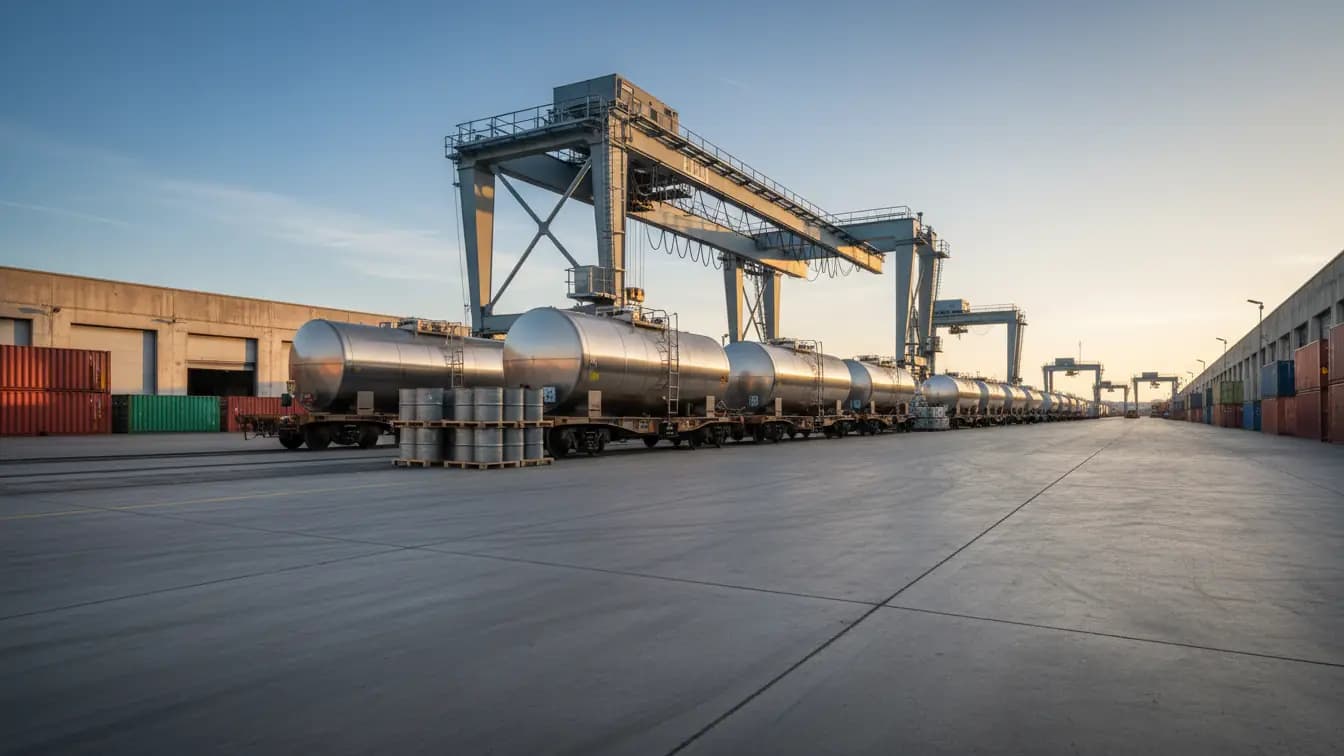 Cảnh sân ga vận chuyển hàng hóa với các container bồn chuyên dụng và thùng phuy hóa chất trên toa tàu dưới cần cẩu lớn.